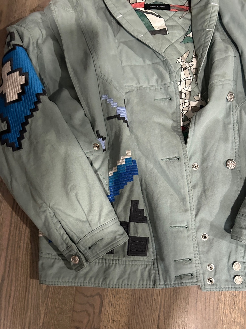 Isabel Marant Sage Green Embroidered Denim Convertible Erial Jacket size 36 S/M - Picture 10 of 16